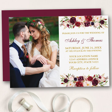 watercolor floral burgundy gold photo wedding invitation