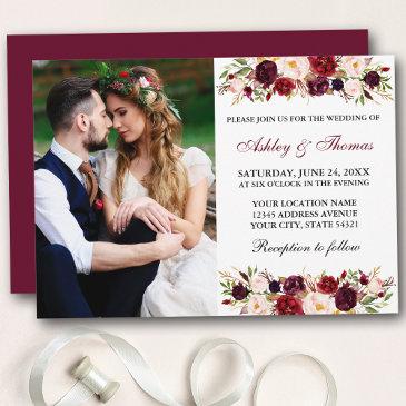 watercolor floral burgundy photo wedding invitation