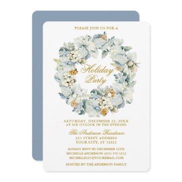 watercolor floral dusty blue gold holiday party invitation