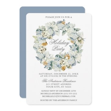 watercolor floral dusty blue silver holiday party invitation