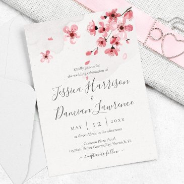 watercolor floral pink cherry blossom wedding invitation