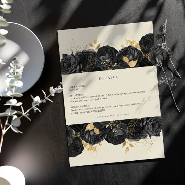 watercolor gold black roses reception details invitations
