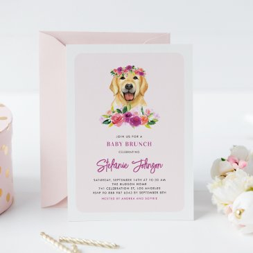 watercolor golden retriever floral baby brunch invitation