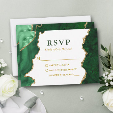 watercolor green gold marble geode agate wedding rsvp invitations