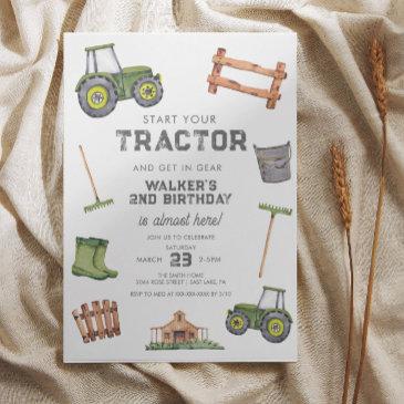 watercolor green tractor 2nd birthday invitation