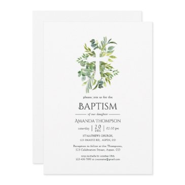 watercolor greenery baptism or christening invitation