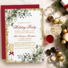 Small Watercolor Greenery Berries Red Holiday Party Invitation Front View