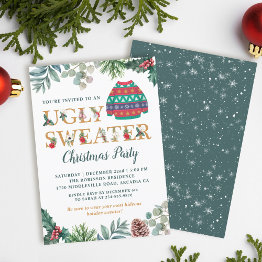 Small Watercolor Greenery Ugly Sweater Christmas Party Invitation Front View