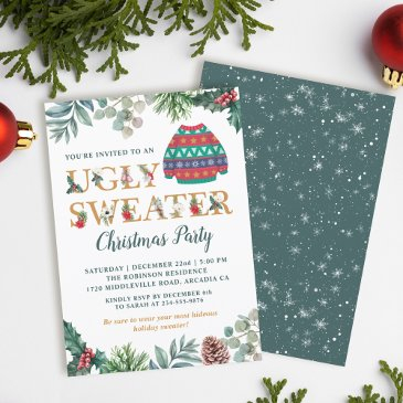 watercolor greenery ugly sweater christmas party invitation