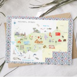 Small Watercolor Istanbul, Turkey Map Invitation Front View