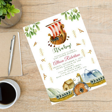 watercolor it's a boy vikings party baby shower invitation