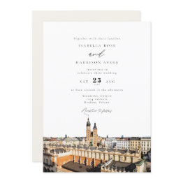 Small Watercolor Kraków Skyline Buildings Wedding Invitation Front View