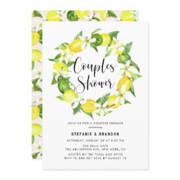 Small Watercolor Lemon Blossom Wreath Couples Shower Invitation Front View