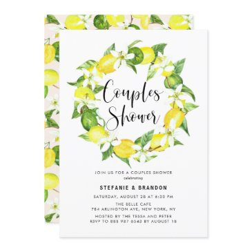 watercolor lemon blossom wreath couples shower invitation