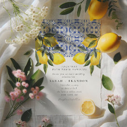 Small Watercolor Lemon Blue Tile Mediterranean Wedding Invitation Front View