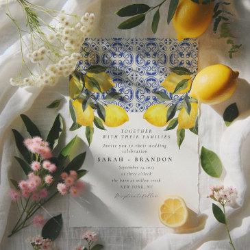 watercolor lemon blue tile mediterranean wedding invitation