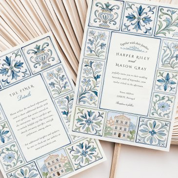 watercolor lisbon hand-painted azulejos wedding invitation