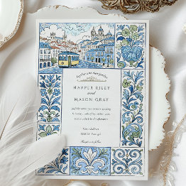 Small Watercolor Lisbon Hand-painted Azulejos Wedding Invitation Front View
