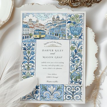watercolor lisbon hand-painted azulejos wedding invitation