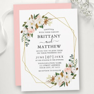 watercolor magnolias roses geo frame pink wedding invitation