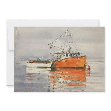 watercolor maine fishing boat ocean orange gray thank you invitations