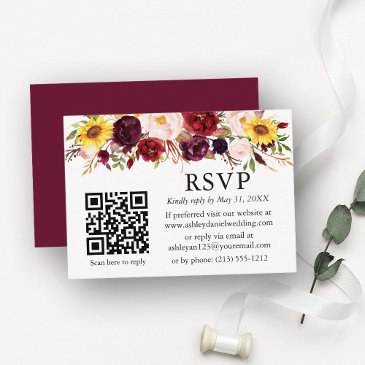 watercolor mixed floral burgundy qr wedding rsvp enclosure invitations