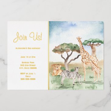 watercolor mommy + baby african animals party gold foil invitation