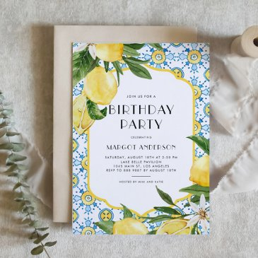 watercolor moroccan tile and lemon birthday party invitation