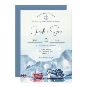 watercolor mountain glacier boat anchor wedding invitation