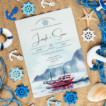 watercolor mountain glacier boat wheel wedding invitation