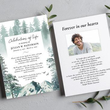 watercolor mountain pine celebration of life photo invitation