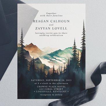 watercolor mountains and pine forest wedding vellum invitations
