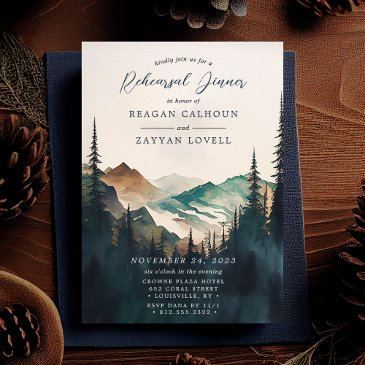 watercolor mountains pine forest rehearsal dinner invitation