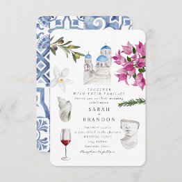 Small Watercolor Olive Blue Tile Greece Wedding Invitation Front View