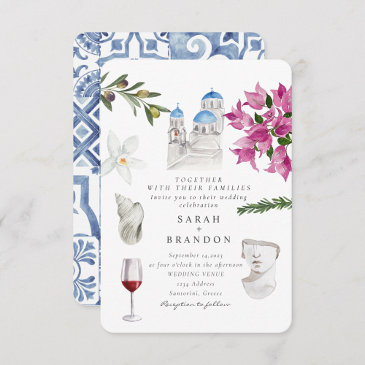 watercolor olive blue tile greece wedding invitation