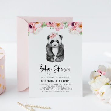 watercolor panda pink anemones girl baby shower invitation