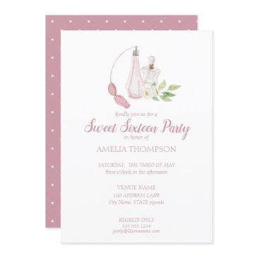 watercolor perfume bottle sweet sixteen birthday invitation