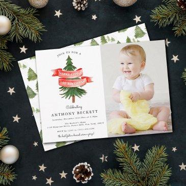 watercolor pine tree merry little birthday photo invitation