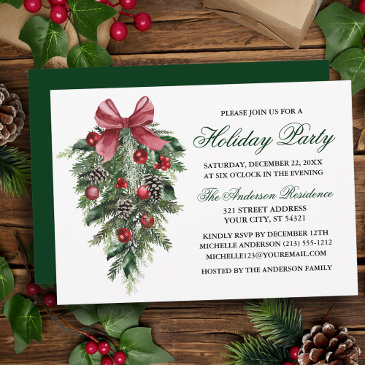 watercolor pines berries bow green holiday party invitation