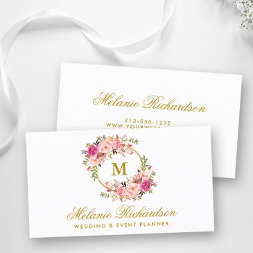 watercolor pink blush floral gold monogram business invitations