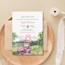 Small Watercolor Pink Golf Baby Shower Invitation Front View