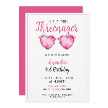 watercolor pink heart sunglasses 3rd birthday invitation