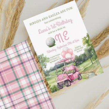 watercolor pink hole in one golf 1st birthday invitation