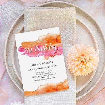 watercolor pink orange color splash 21st birthday invitation