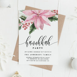 Small Watercolor Pink Poinsettia Holly Hanukkah Party Invitation Front View