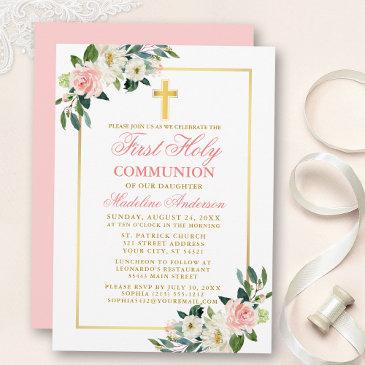 watercolor pink roses white floral first communion invitation