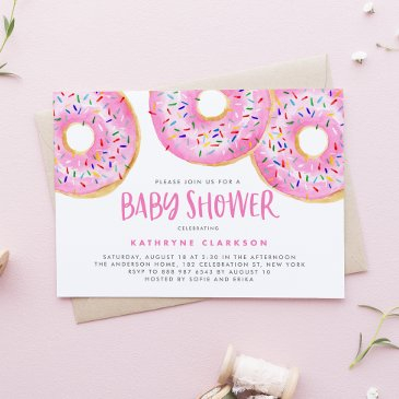 watercolor pink sprinkle donuts baby shower invitation