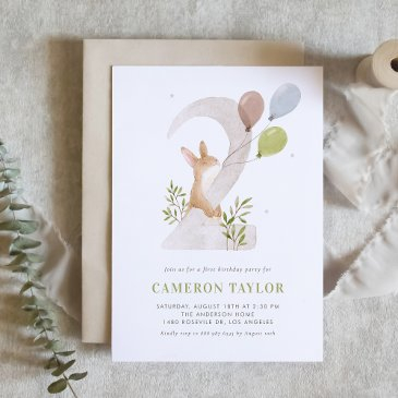 watercolor rabbit woodland second birthday party invitation