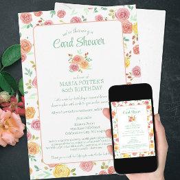 Small Watercolor Roses 80th Birthday Invitations Shower Front View