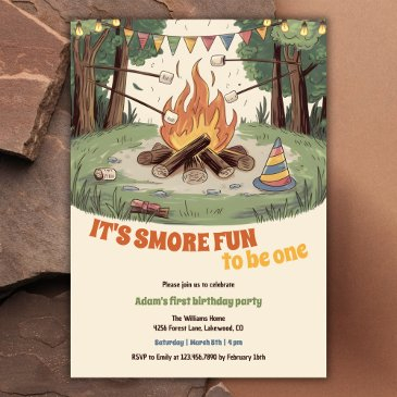 watercolor rustic bonfire fun smores 1st birthday invitation
